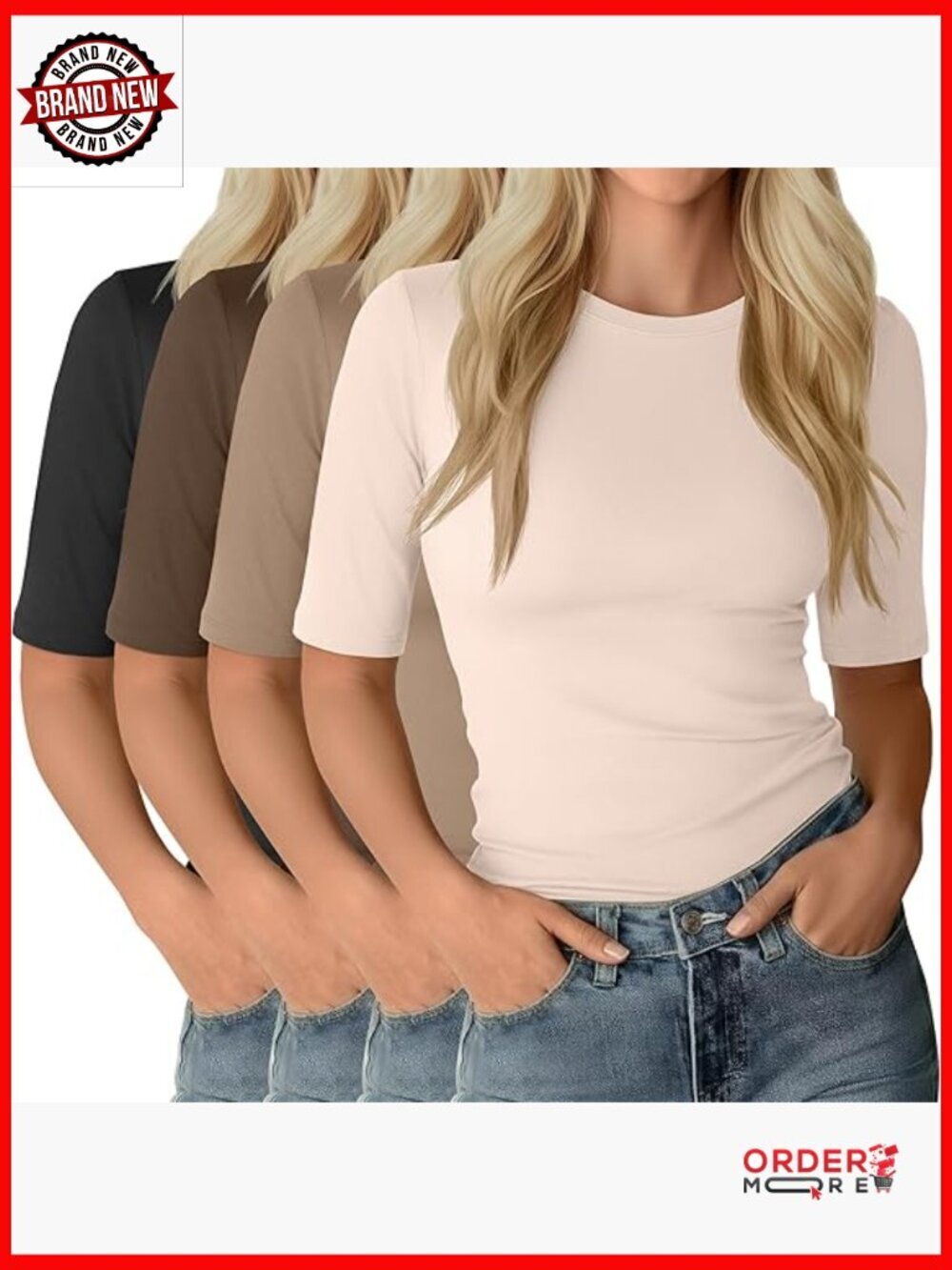 4 Pack Half Sleeve Tops Elbow Length Slim Fit Crewneck T-Shirts